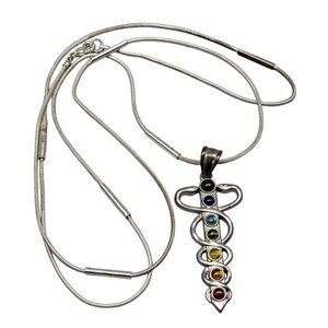 Chakra Healing Caduceus Pendant Necklace Faux Gemstones 35" Chain Silver Tone
